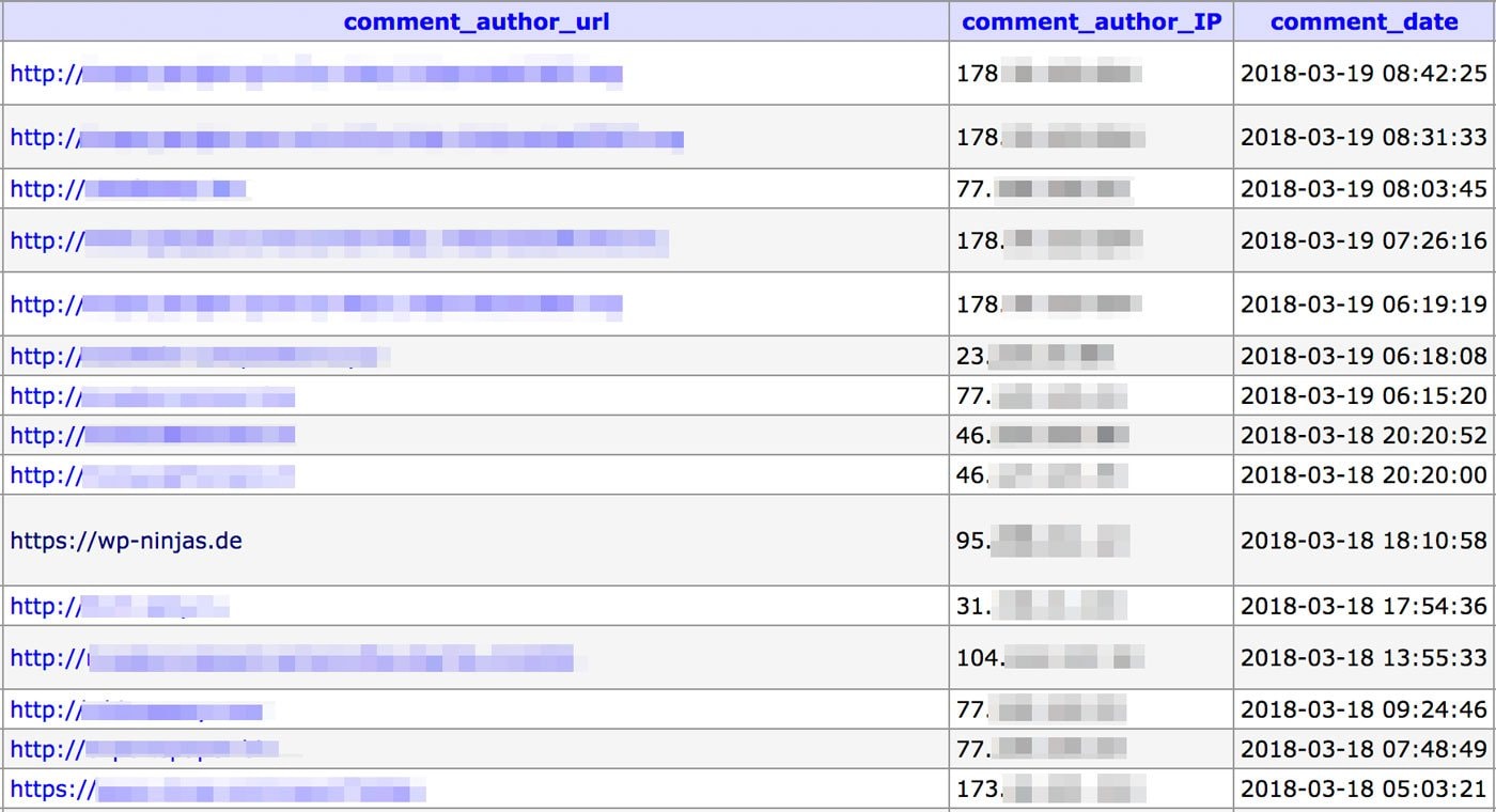 Screenshot der wp_comments Tabelle