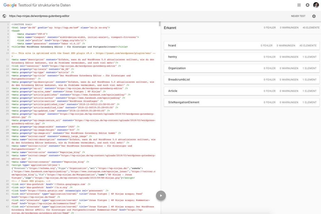Google Testtool für strukturierte Daten, Screenshot