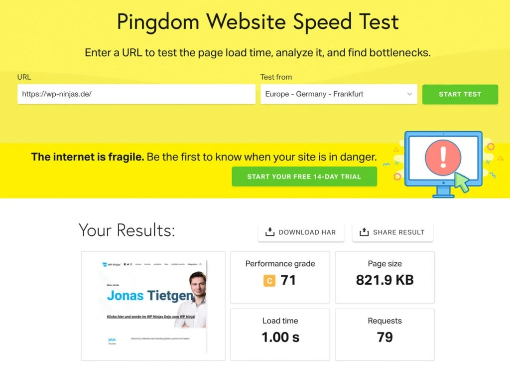 Screenshot wp-ninjas.de im Speedtest bei Pingdom