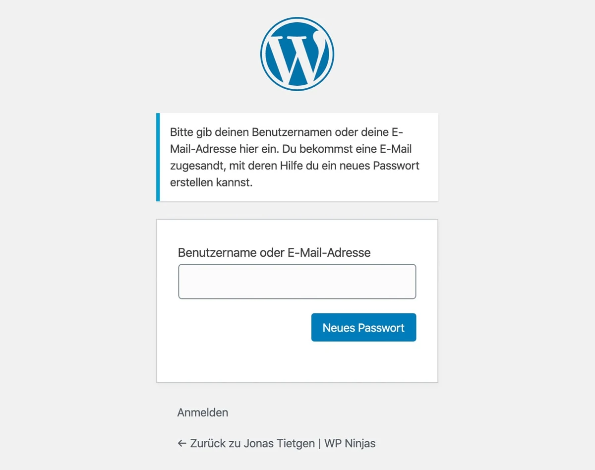 WordPress Passwort vergessen Formular