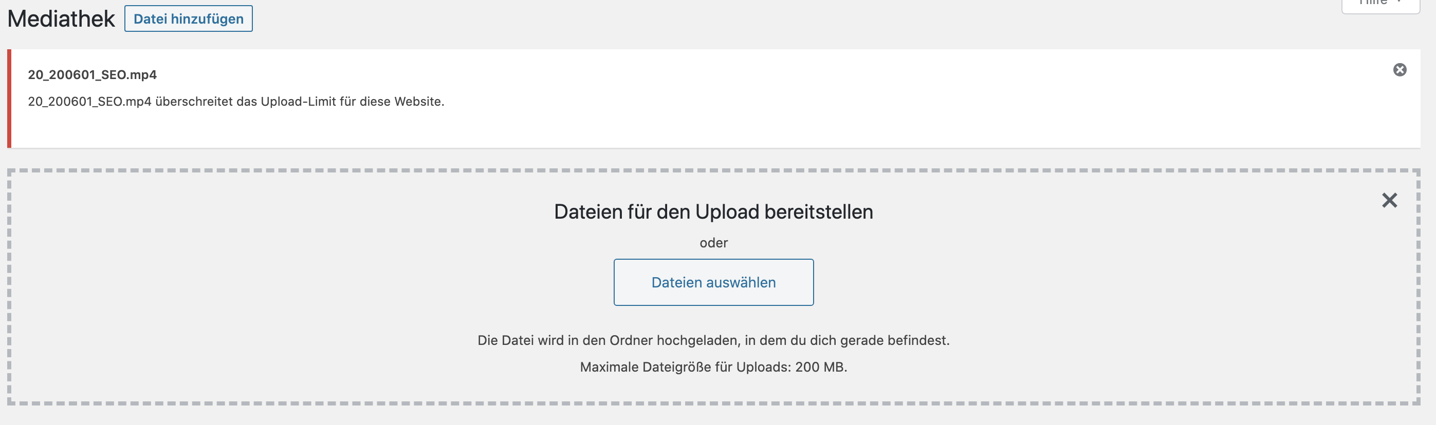 Fehlermeldung des WordPress Upload Limits