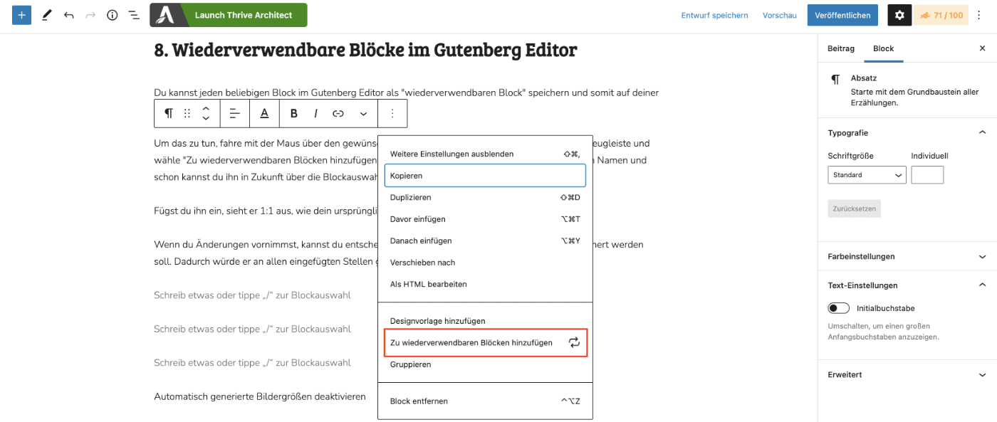 Wiederverwendbare Blöcke im Gutenberg Editor