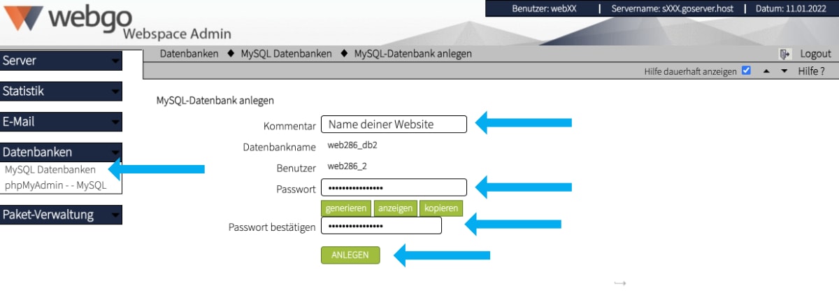 webgo Webspace Admin MySQL Datenbank bearbeiten
