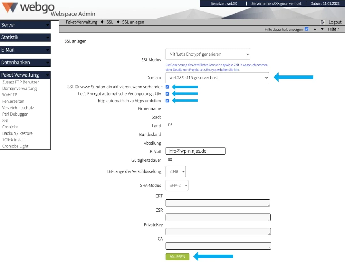 webgo webspace admin ssl zertifikat erstellen
