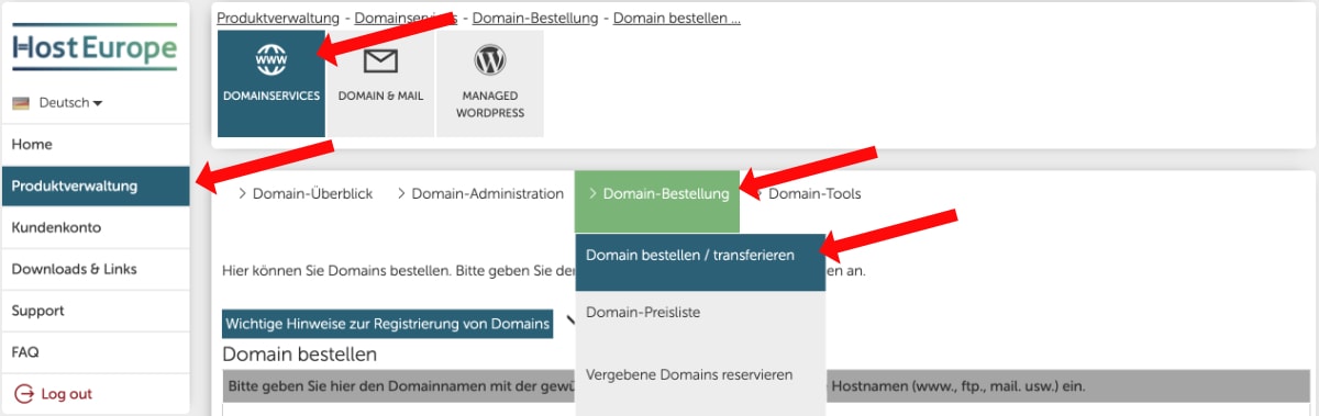 Domain-Bestellung bei Hosteurope