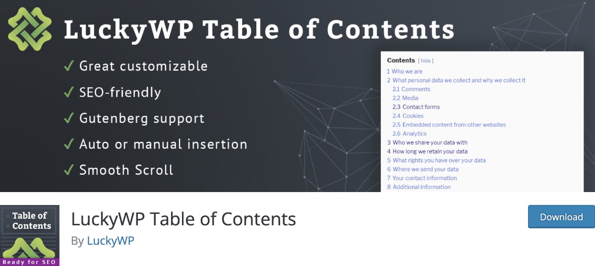 LuckyWP Table of Contents Plugin Header