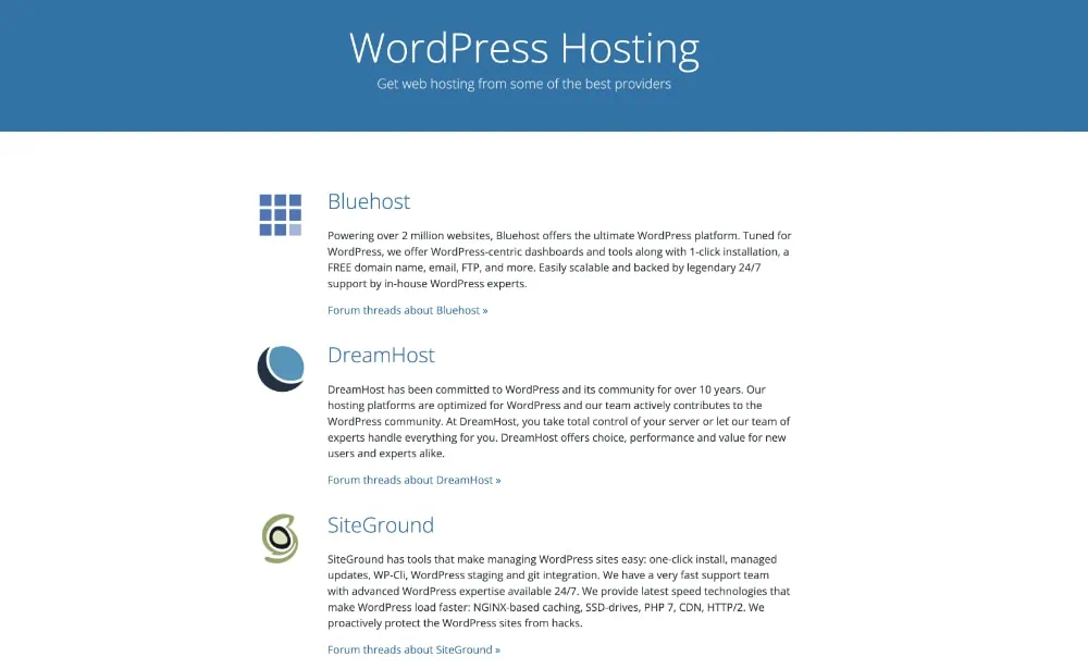 Screenshot der Hosting-Empfehlungen auf WordPress.org