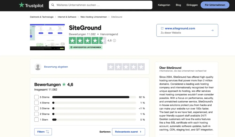 Kundenbewertungen für Siteground auf Trustpilot