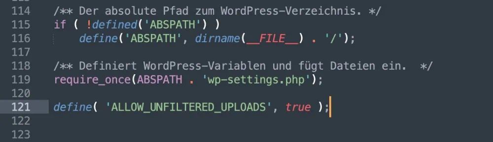 Unfiltered Uploads Regel in der wp-config.php Datei