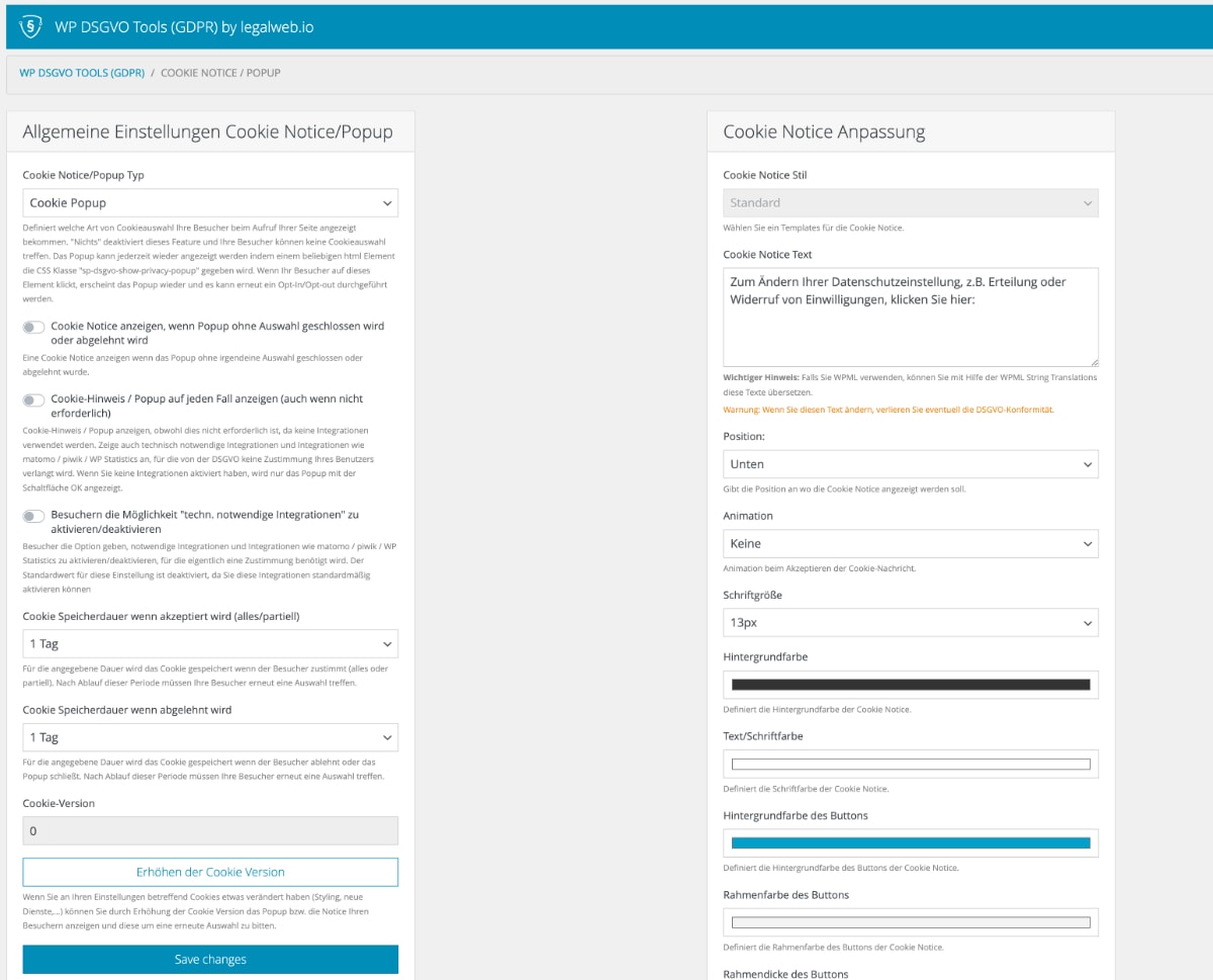 Die Oberfläche des WP DSGVO Tools Plugins