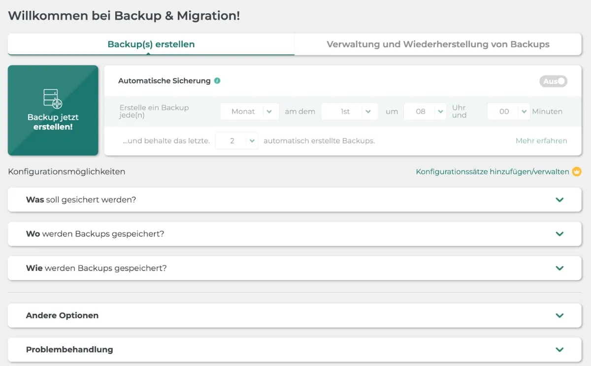 Backup Migration Plugin Oberfläche