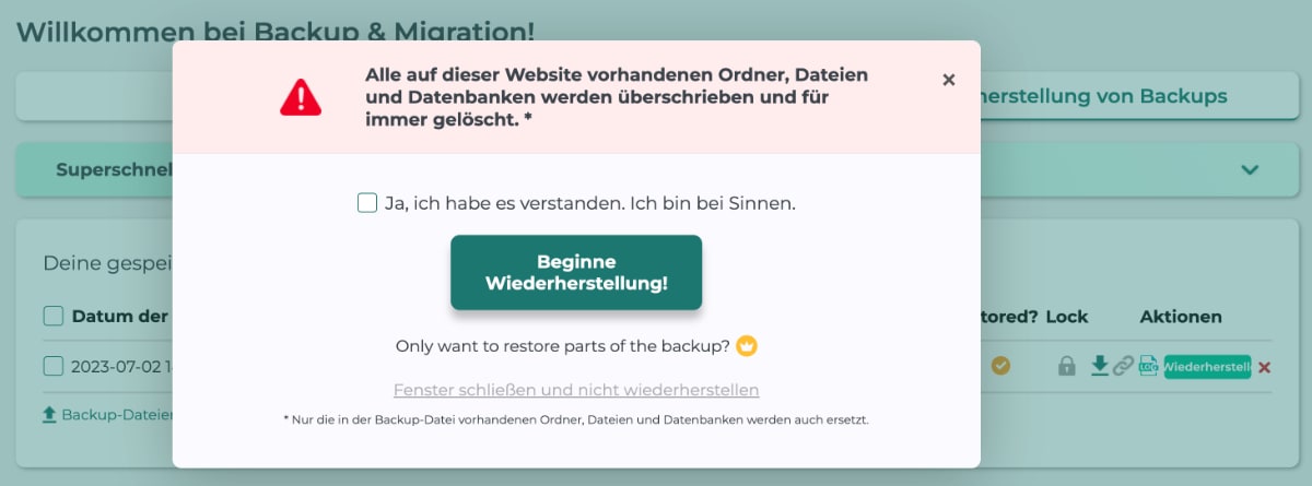 Backup Wiederherstellung beim Backup Migration Plugin