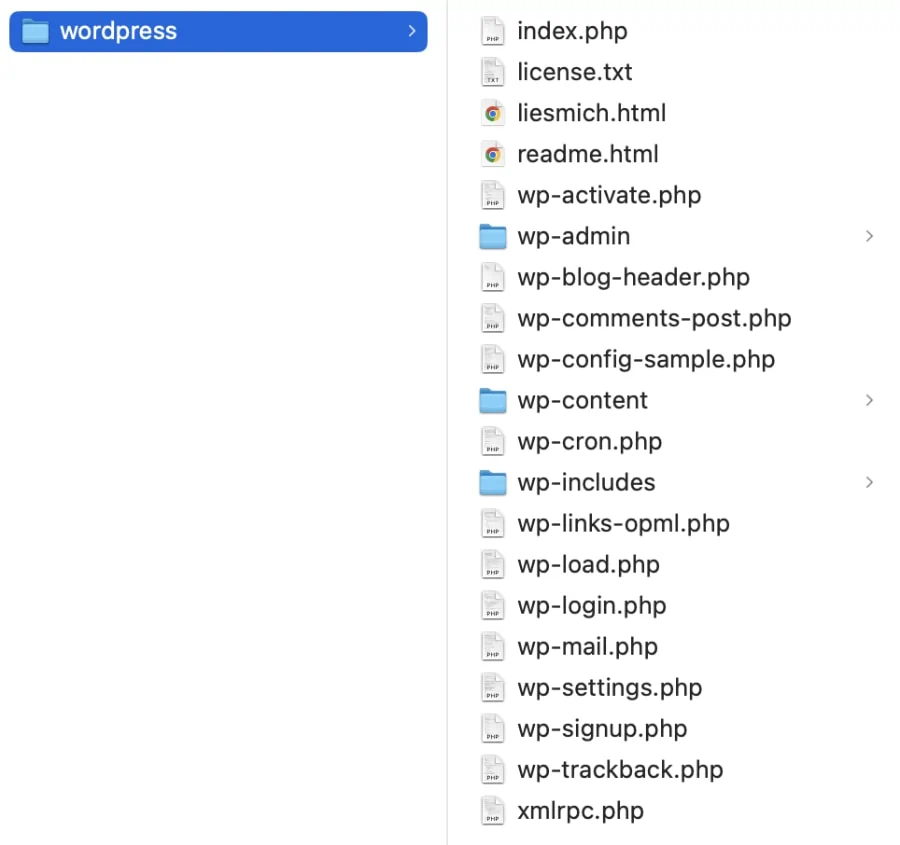 WordPress Ordner und Dateien einer frischen Installation