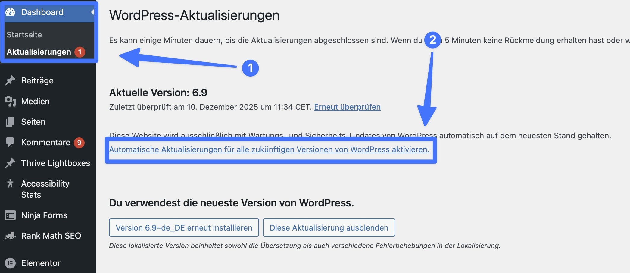 Screenshot der WordPress Aktualisieren-Oberfläche mit Hervorhebung des Links zum Aktivieren der automatischen WordPress Core Updates