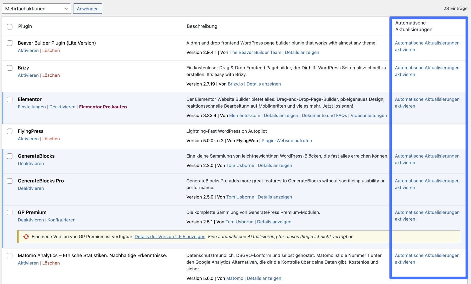 Screenshot der WordPress Plugin-Übersicht mit Hervorhebung der Spalte für das Aktivieren automatischer Updates.