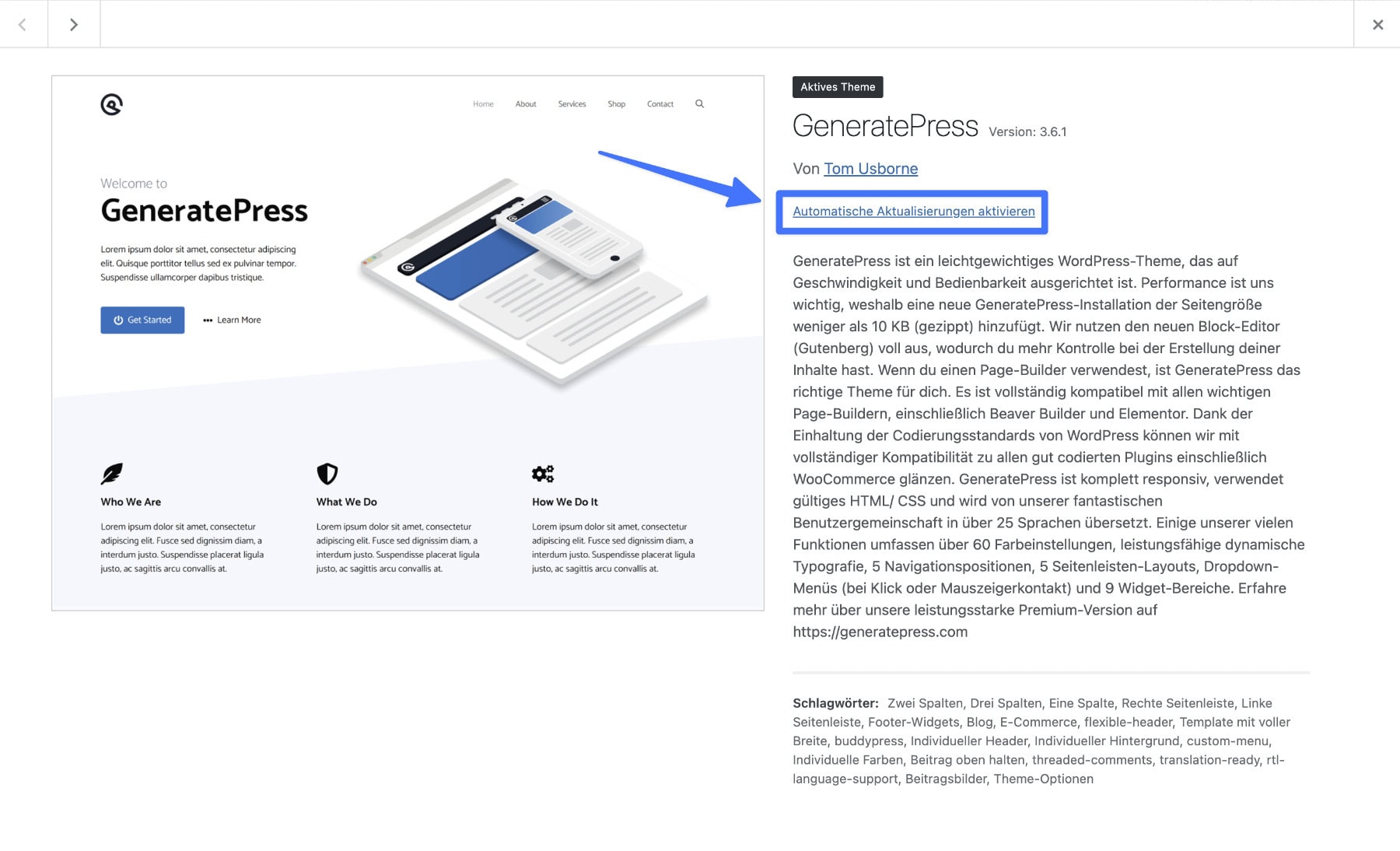 Screenshot der WordPress Theme-Übersicht mit den Details eines Themes und Hervorhebung des "Automatische Aktualisierungen aktivieren" Links.