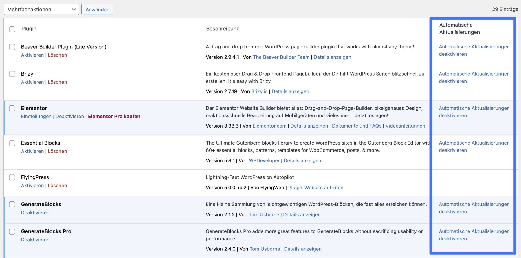 Screenshot der WordPress Plugin-Übersicht mit Hervorhebung der Spalte "Automatische Updates"