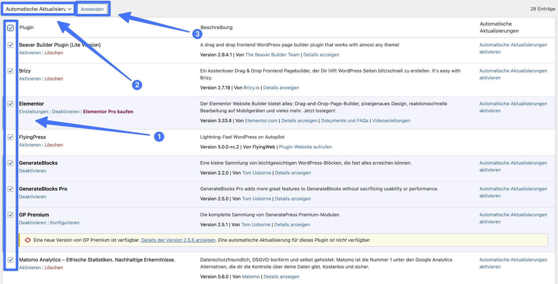 Screenshot der WordPress Plugin-Übersicht mit Hervorhebung der Checkboxen für die Auswahl von Plugins und der Mehrfachaktion für das Aktivieren automatischer Updates.