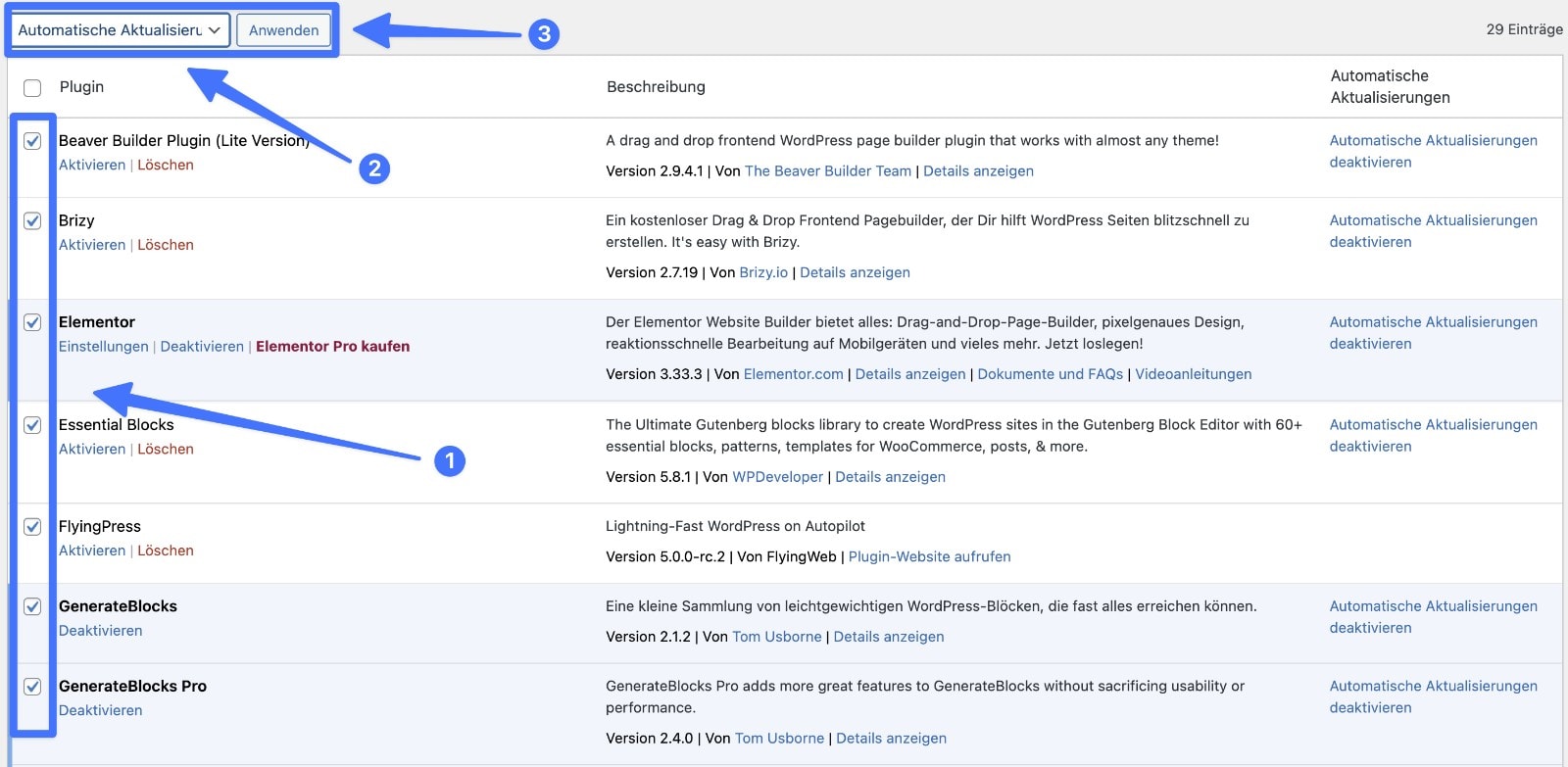 Screenshot der WordPress Plugin-Übersicht mit Hervorhebung der Checkboxen zum Markieren der Plugins, der Mehrfachauswahl und des Anwenden-Buttons.