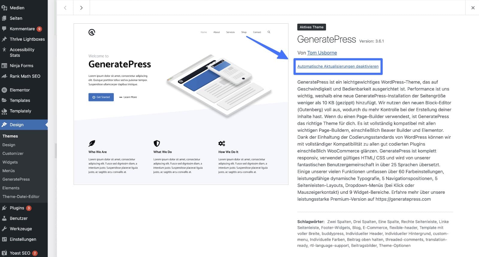 Screenshot der WordPress Theme-Übersicht mit den Details eines Themes und Hervorhebung des "Automatische Aktualisierungen deaktivieren" Links.
