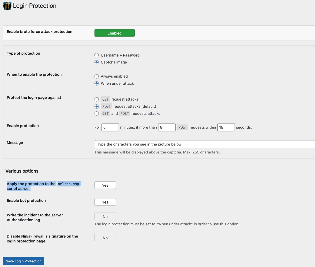 Screenshot der empfohlenen Einstellungen in den Login Protection Optionen von NinjaFirewall