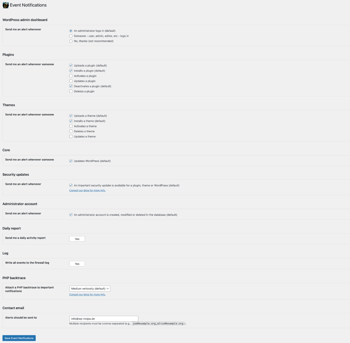 Screenshot der Event Notifications Einstellungen in NinjaFirwall