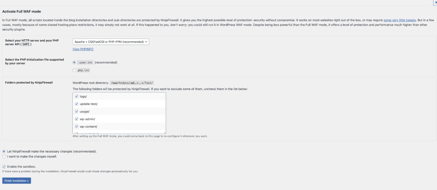 Screenshot der Einstellungen für den Full WAF Mode in NinjaFirewall.
