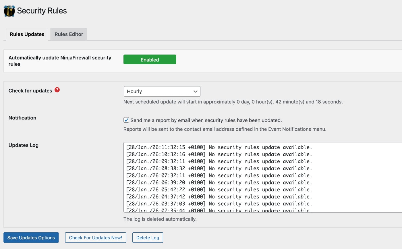 Screenshot der Security Rules Einstellungen in NinjaFirwall