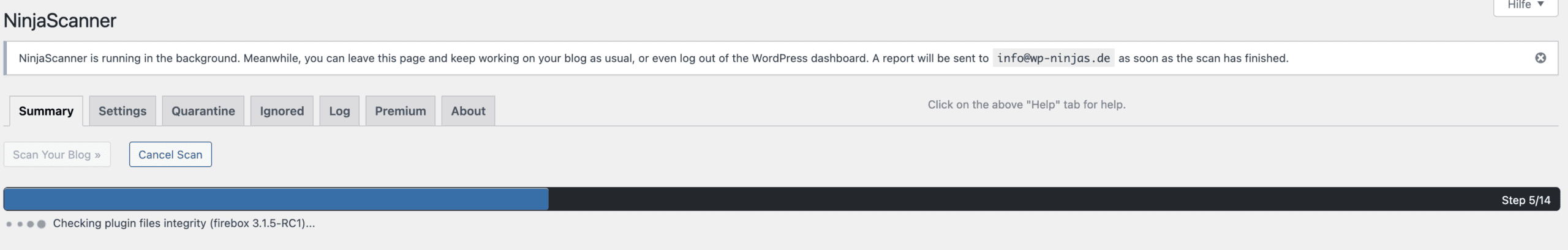 Screenshot des NinjaScanner Plugins beim Scan der Website