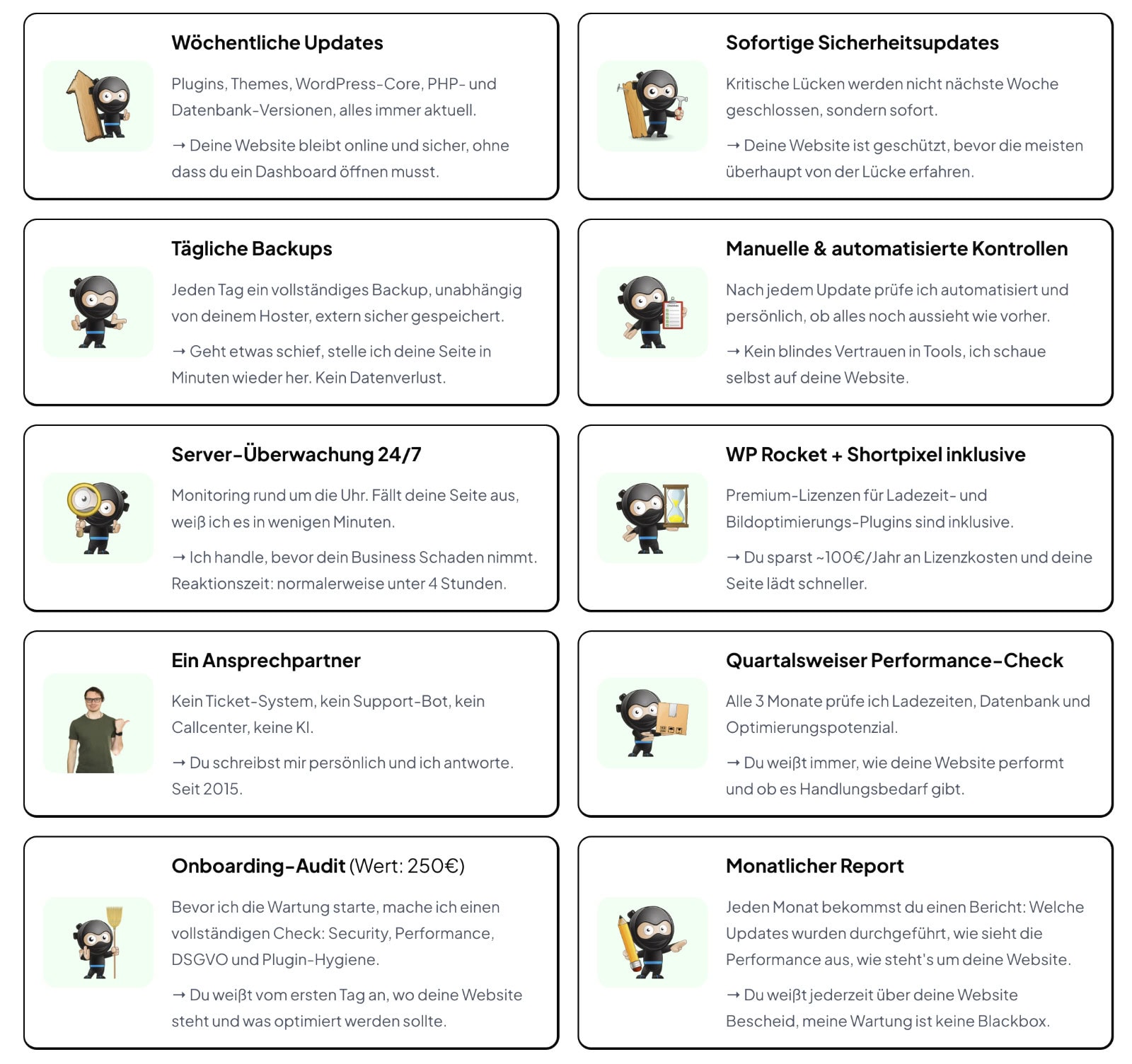 Leistungsaufzählung der WordPress Wartung von WP Ninjas