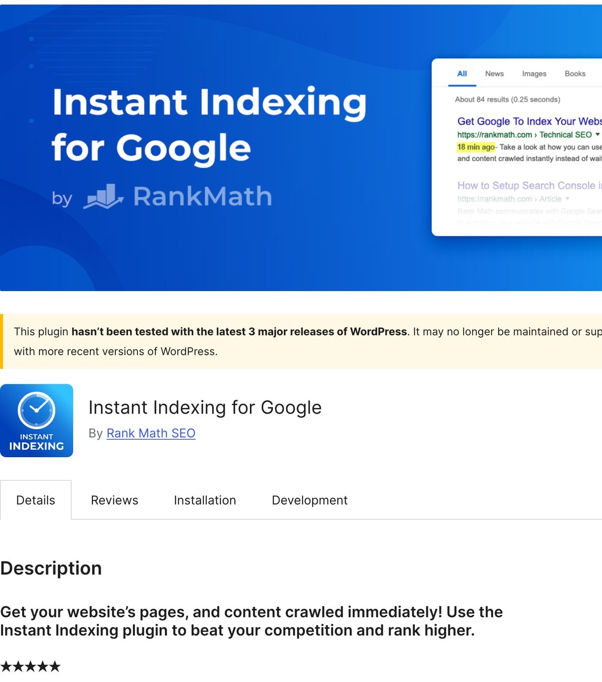 Instant Indexing for Google im WordPress-Plugin-Verzeichnis