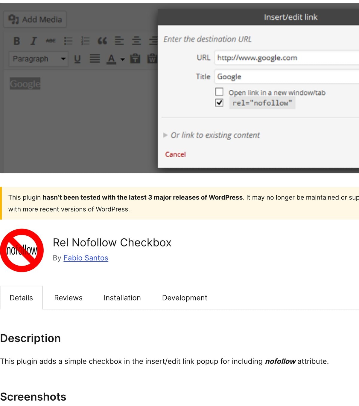 Rel Nofollow Checkbox im WordPress-Plugin-Verzeichnis