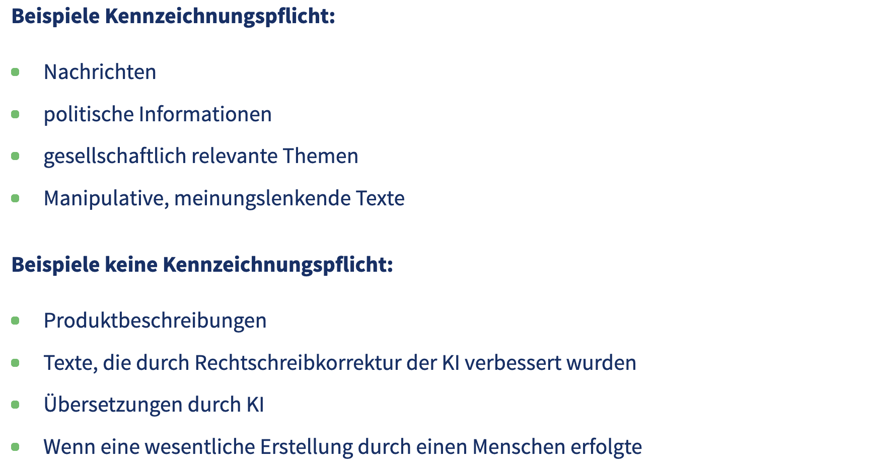 Screenshot eines Textauszugs der IHK Köln mit Beispielen zur KI Kennzeichnungspflicht